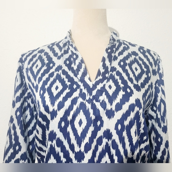 Woman's Brooks Brothers Blue Ikat Tunic Blouse 100% Cotton Size Small 3/4 Sleeve - Picture 3 of 12